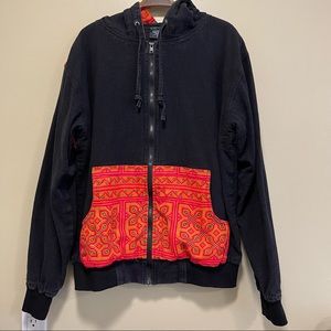 Vintage Black Zip Up Hoodie With Embroidery